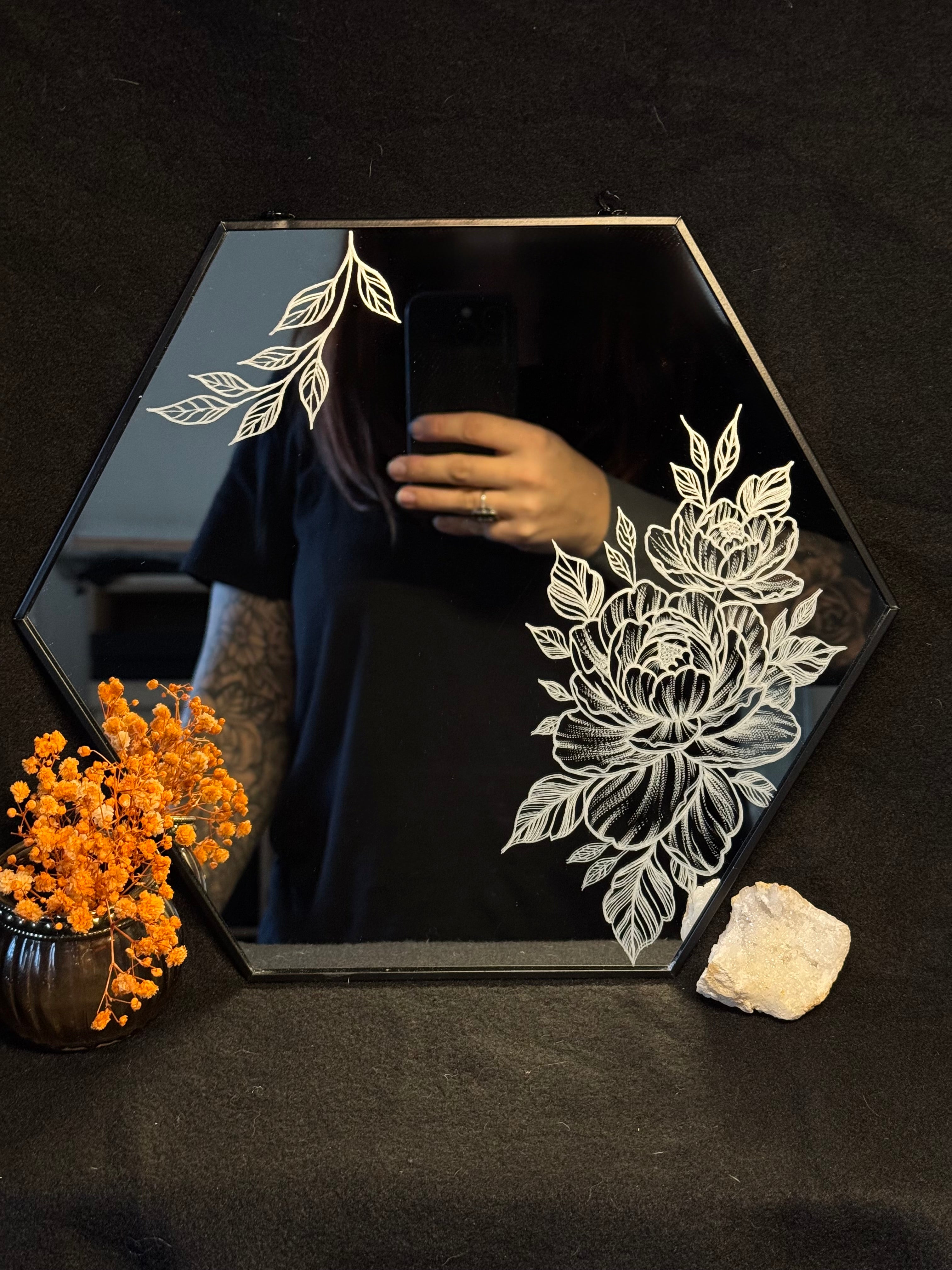 Miroir gravé - pivoine