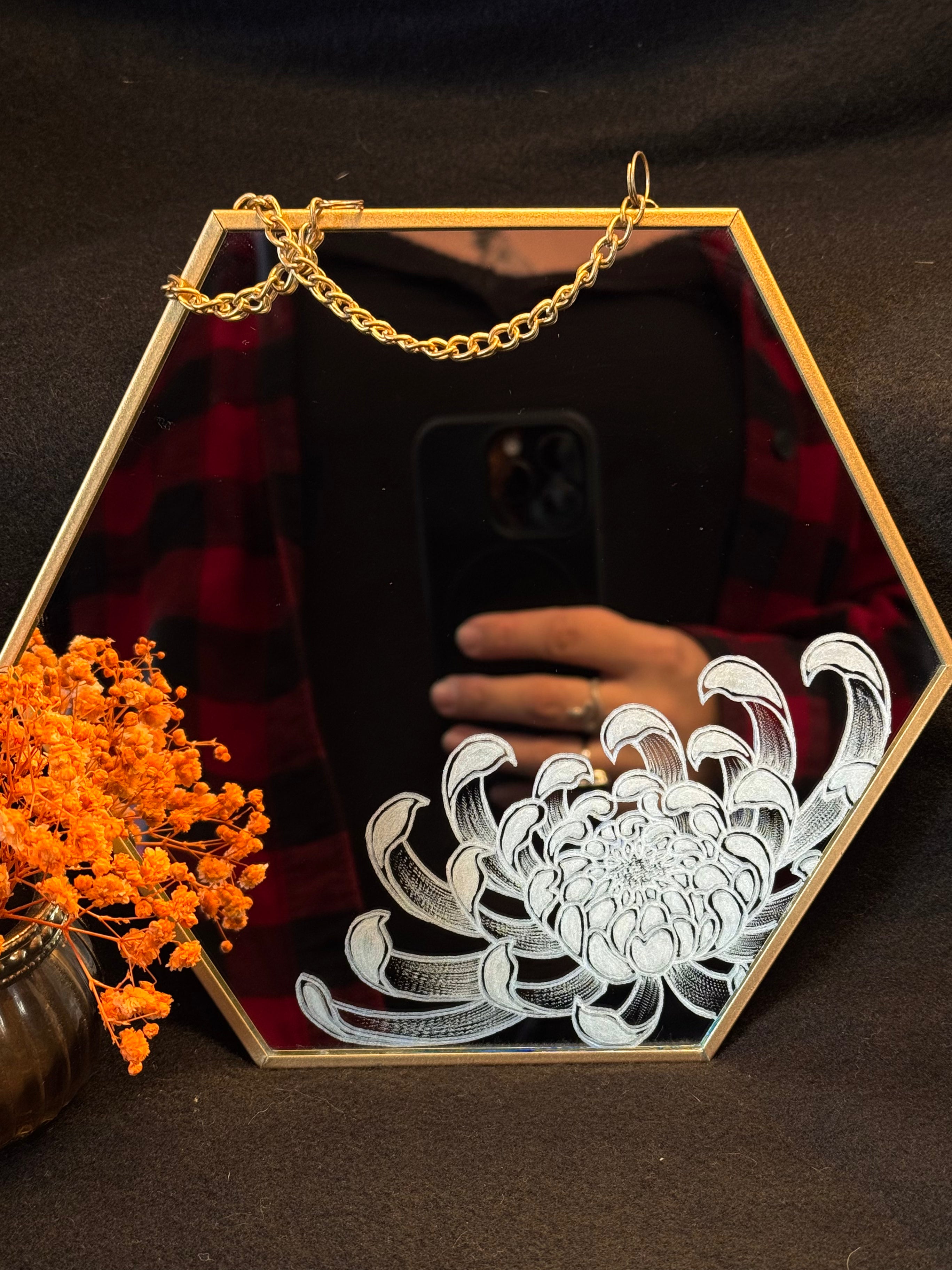 Miroir gravé - chrysanthème