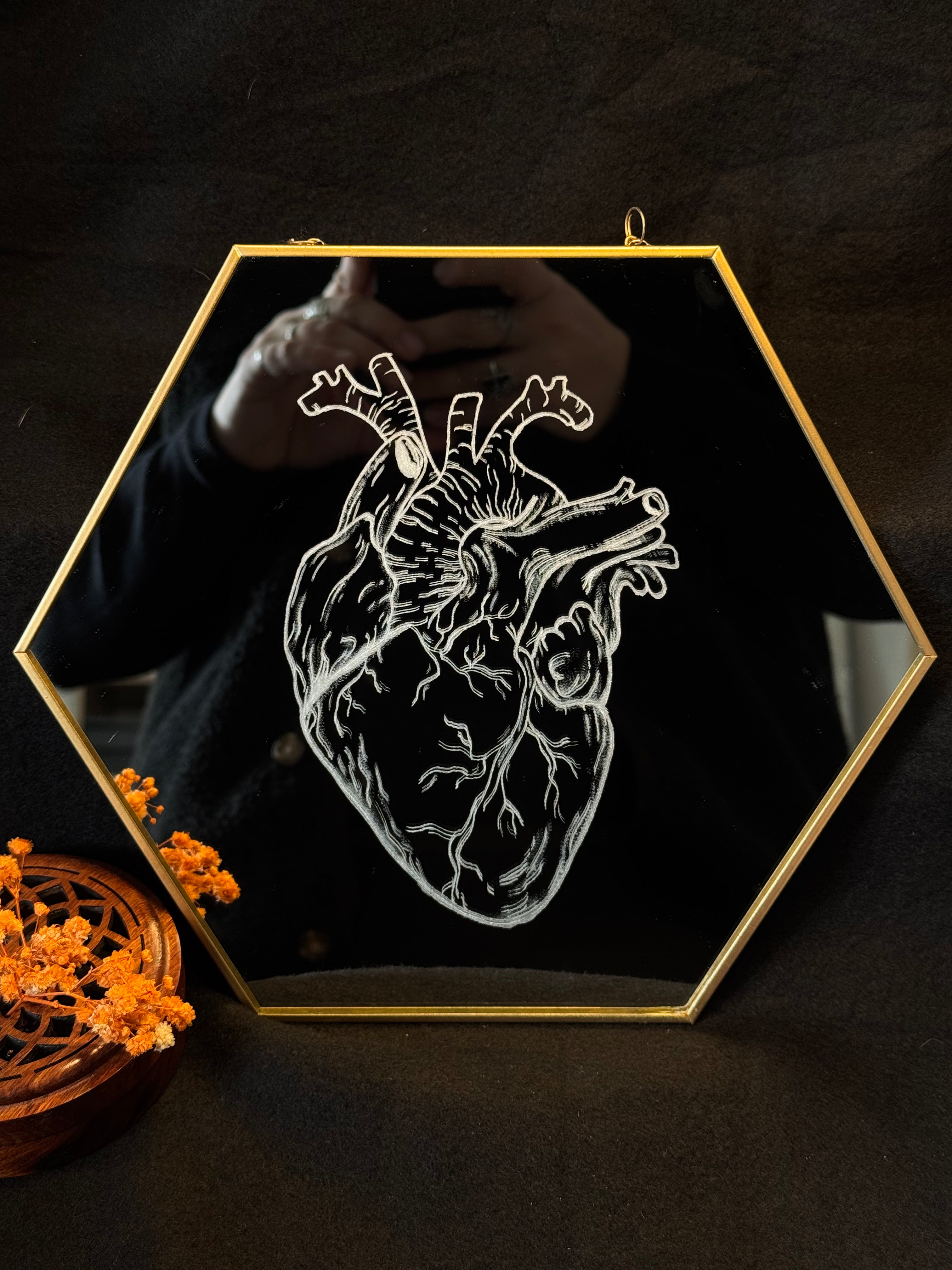 Miroir gravé - cœur anatomique